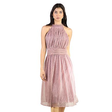 Artyska Women's Shimmer Halter Neck Sleeveless Pleated Bodice Midi Dress