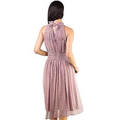 Artyska Women's Shimmer Halter Neck Sleeveless Pleated Bodice Midi Dress