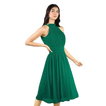 Artyska Women's Shimmer Halter Neck Sleeveless Pleated Bodice Midi Dress