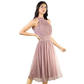 Artyska Women's Shimmer Halter Neck Sleeveless Pleated Bodice Midi Dress