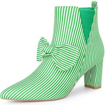 Bow Stripe Pointed Toe Chunky Heels Ankle Boots for Women