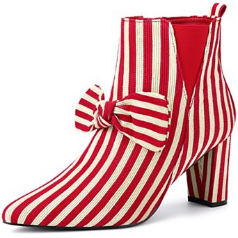 Bow Stripe Pointed Toe Chunky Heels Ankle Boots for Women