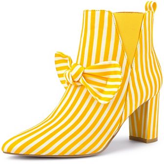 Bow Stripe Pointed Toe Chunky Heels Ankle Boots for Women