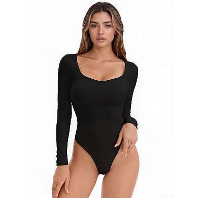 3 Packs Women's Long Sleeve Bodysuit Slim Fit V Neck Tummy Control Brief Shapewear
