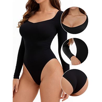3 Packs Women's Long Sleeve Bodysuit Slim Fit V Neck Tummy Control Brief Shapewear