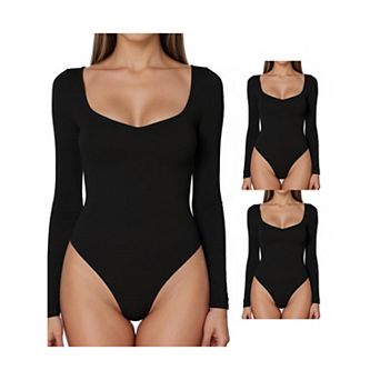 3 Packs Women's Long Sleeve Bodysuit Slim Fit V Neck Tummy Control Brief Shapewear