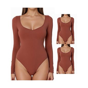 3 Packs Women's Long Sleeve Bodysuit Slim Fit V Neck Tummy Control Brief Shapewear