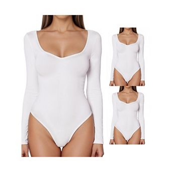 3 Packs Women's Long Sleeve Bodysuit Slim Fit V Neck Tummy Control Brief Shapewear