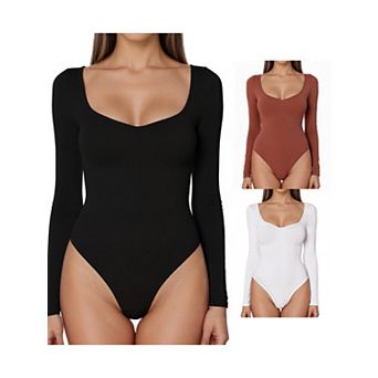 3 Packs Women's Long Sleeve Bodysuit Slim Fit V Neck Tummy Control Brief Shapewear