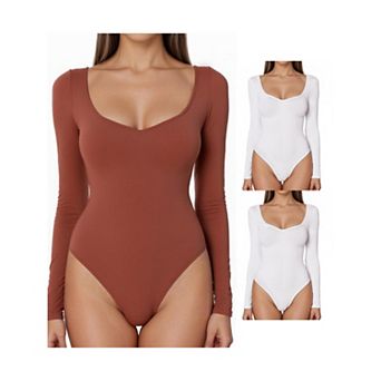 3 Packs Women's Long Sleeve Bodysuit Slim Fit V Neck Tummy Control Brief Shapewear