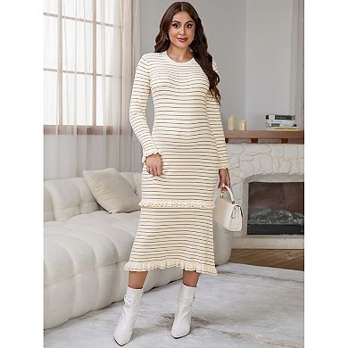 Women's Maternity Sweater Dress Striped Ruffle Winter Warm Stretchy Knit Long Sleeve Maxi Dresses