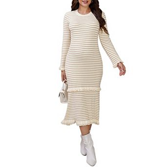 Women's Maternity Sweater Dress Striped Ruffle Winter Warm Stretchy Knit Long Sleeve Maxi Dresses