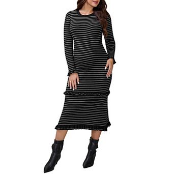 Women's Maternity Sweater Dress Striped Ruffle Winter Warm Stretchy Knit Long Sleeve Maxi Dresses
