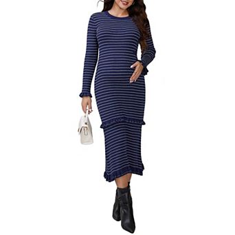 Women's Maternity Sweater Dress Striped Ruffle Winter Warm Stretchy Knit Long Sleeve Maxi Dresses