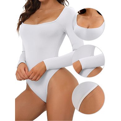 3 Packs Women's Long Sleeve Bodysuit Slim Fit Square Neck Tummy Control Brief Leotard