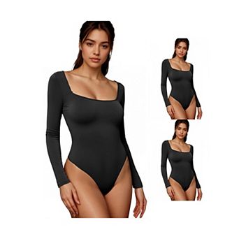 3 Packs Women's Long Sleeve Bodysuit Slim Fit Square Neck Tummy Control Brief Leotard
