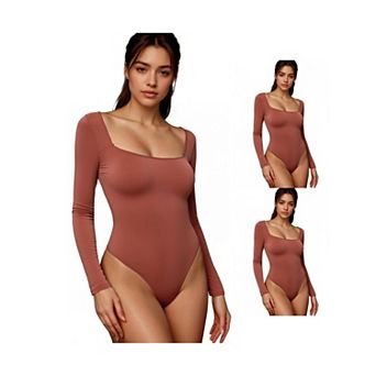 3 Packs Women's Long Sleeve Bodysuit Slim Fit Square Neck Tummy Control Brief Leotard