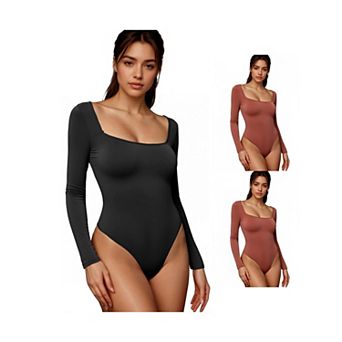 3 Packs Women's Long Sleeve Bodysuit Slim Fit Square Neck Tummy Control Brief Leotard