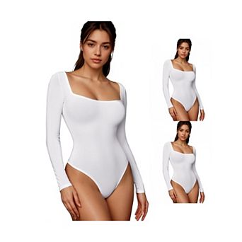 3 Packs Women's Long Sleeve Bodysuit Slim Fit Square Neck Tummy Control Brief Leotard