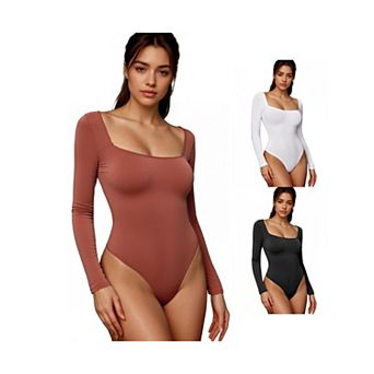 3 Packs Women's Long Sleeve Bodysuit Slim Fit Square Neck Tummy Control Brief Leotard