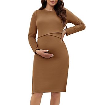 Women's Fleece Maternity Dress Long Sleeve Round Neck Bodycon Midi Pregnancy Dress