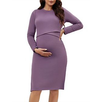 Women's Fleece Maternity Dress Long Sleeve Round Neck Bodycon Midi Pregnancy Dress