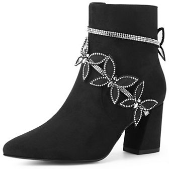 Butterfly Rhinestone Strap Chunky Heels Ankle Boots for Women