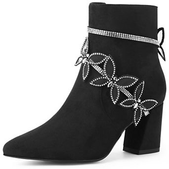 Butterfly Rhinestone Strap Chunky Heels Ankle Boots for Women