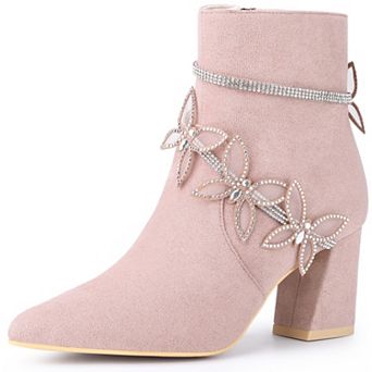 Butterfly Rhinestone Strap Chunky Heels Ankle Boots for Women