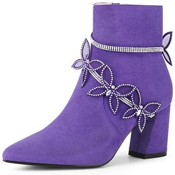 Butterfly Rhinestone Strap Chunky Heels Ankle Boots for Women