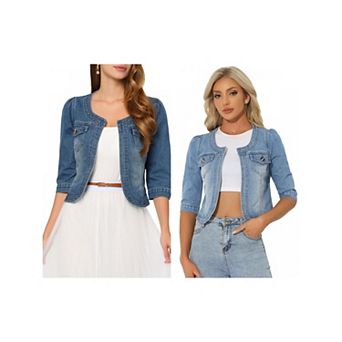 2 Packs Women's Jean Jacket Collarless 3/4 Sleeve Denim Jackets