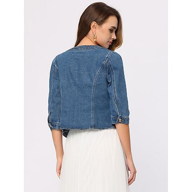 2 Packs Women's Jean Jacket Collarless 3/4 Sleeve Denim Jackets