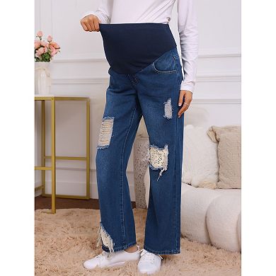 Womens Maternity Jeans Ripped Distressed Lace Patchwork Over the Belly Support Pregnancy Denim Pants
