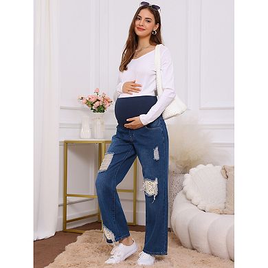 Womens Maternity Jeans Ripped Distressed Lace Patchwork Over the Belly Support Pregnancy Denim Pants