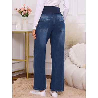 Womens Maternity Jeans Ripped Distressed Lace Patchwork Over the Belly Support Pregnancy Denim Pants
