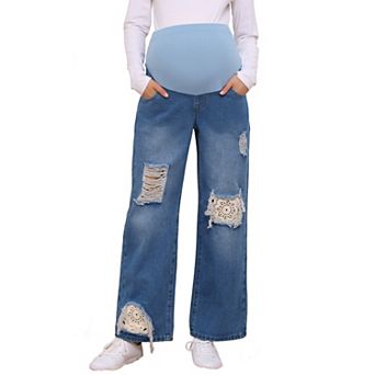 Womens Maternity Jeans Ripped Distressed Lace Patchwork Over the Belly Support Pregnancy Denim Pants