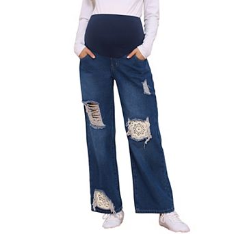 Womens Maternity Jeans Ripped Distressed Lace Patchwork Over the Belly Support Pregnancy Denim Pants