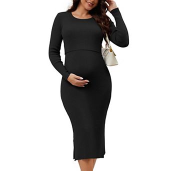 Women's Rib Knit Maternity Dress Long Sleeve Pregnancy Crew Neck Top 2 pc Sets Sweater Bodycon Dress
