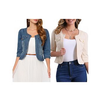2 Packs Women's Jean Jacket Collarless 3/4 Sleeve Denim Jackets