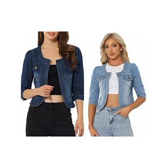 2 Packs Women's Jean Jacket Collarless 3/4 Sleeve Denim Jackets