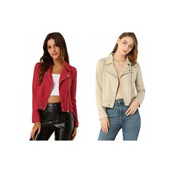 2 Packs Women's Faux Suede Jacket Long Sleeve Zip Up Moto Biker Jackets