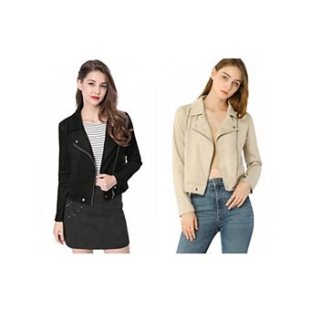 2 Packs Women's Faux Suede Jacket Long Sleeve Zip Up Moto Biker Jackets