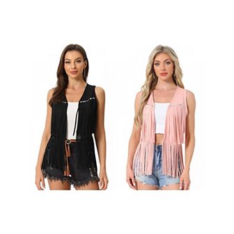2 Packs Women's Fringe Vest Open Front Outfits Faux Suede Tassel Cardigan