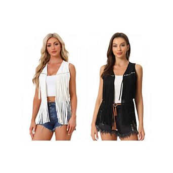 2 Packs Women's Fringe Vest Open Front Outfits Faux Suede Tassel Cardigan