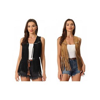 2 Packs Women's Fringe Vest Open Front Outfits Faux Suede Tassel Cardigan