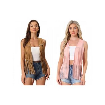 2 Packs Women's Fringe Vest Open Front Outfits Faux Suede Tassel Cardigan