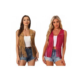 2 Packs Women's Fringe Vest Open Front Outfits Faux Suede Tassel Cardigan