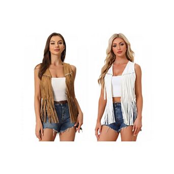 2 Packs Women's Fringe Vest Open Front Outfits Faux Suede Tassel Cardigan