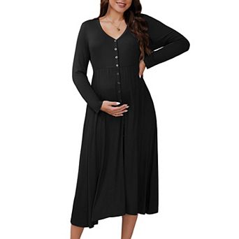Women's Maternity Dress Button Pleated Knit Long Sleeve Photoshoot Baby Shower Pregnancy Maxi Dress