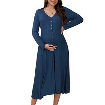 Women's Maternity Dress Button Pleated Knit Long Sleeve Photoshoot Baby Shower Pregnancy Maxi Dress